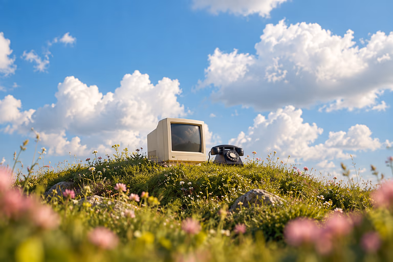 A retro computer and telephone on a flower-covered hill beneath a bright sky