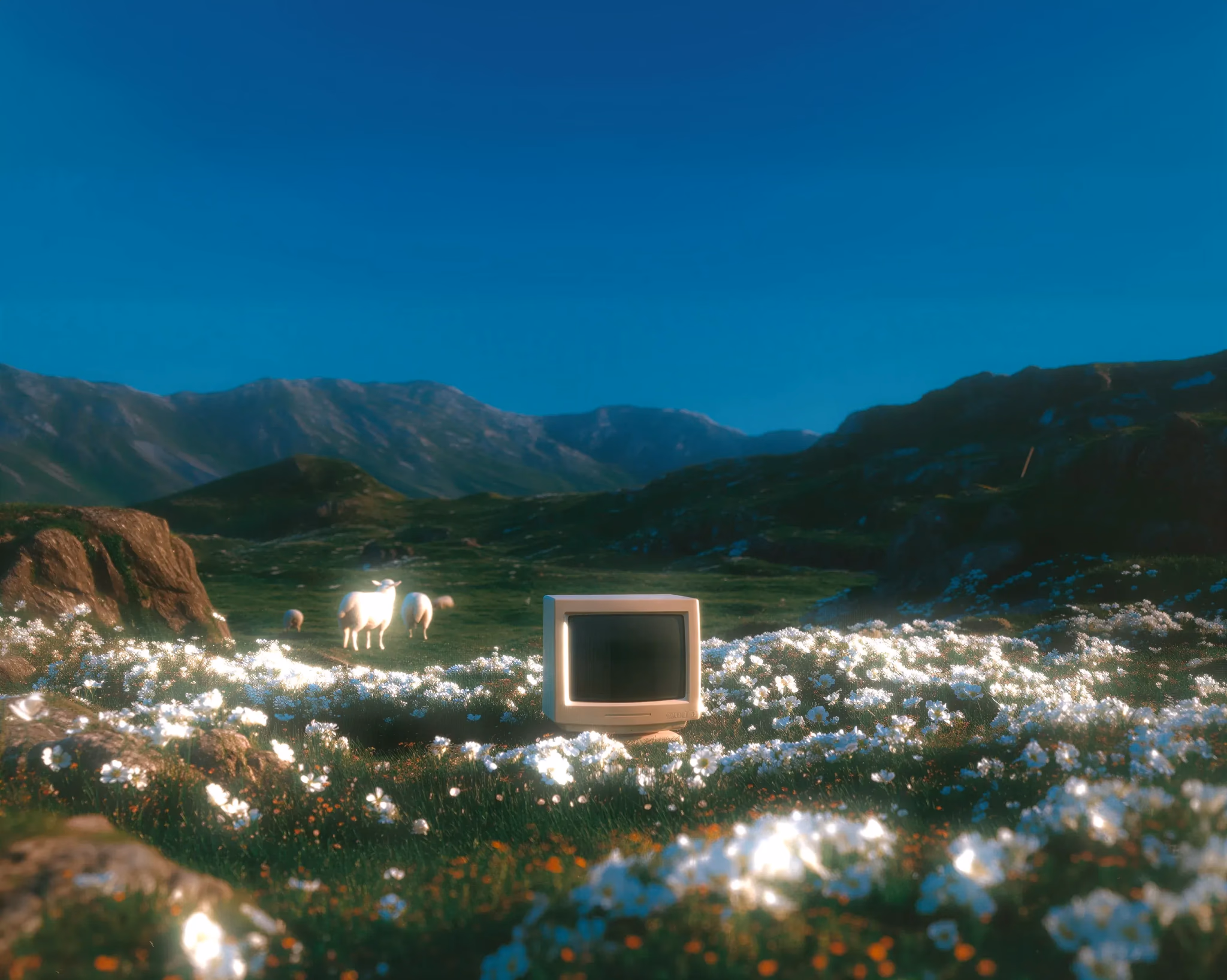 A retro computer in a mountain landscape